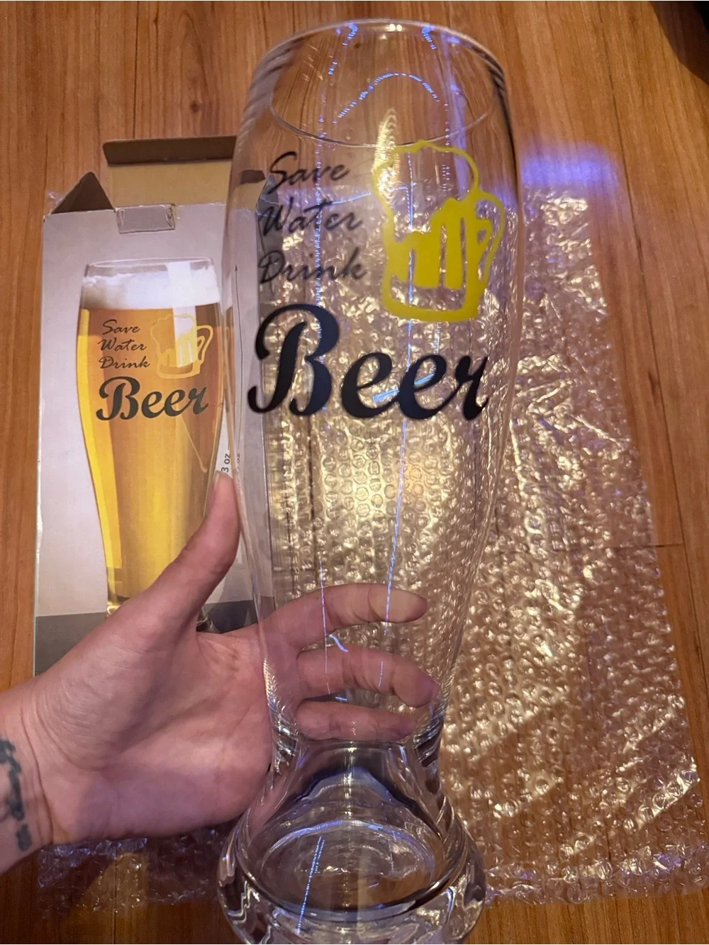 Save Water Drink Beer Tall Pilsner Glass - Clear with Yellow & Black Print